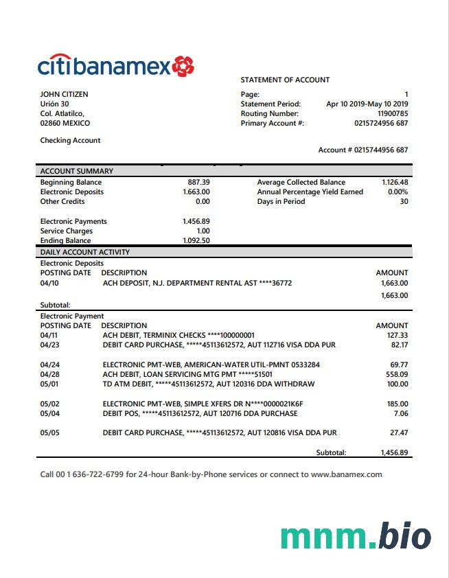 Meksyk Banorte szablon wyciągu bankowego w programie Word i PDF